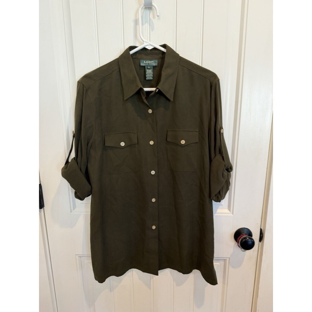 Lauren Ralph Lauren Womens L 100% Silk Olive Green Safari Utility Shirt